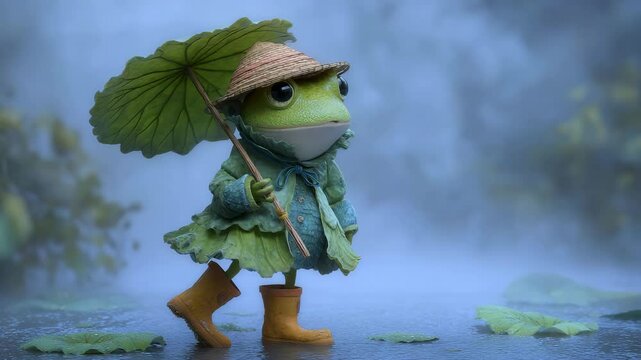 Adorable frog wearing a green coat, hat, and orange boots walks in the rain with a leaf umbrella. Misty forest background, soft lighting. 