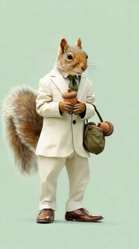 A squirrel in a pinstripe suit holds acorns, standing against a pale green background. The image is whimsical and features a detailed rendering of both the squirrel and the clothing.