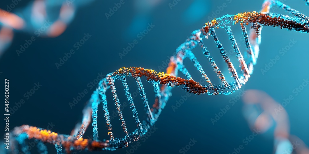Poster a close up view of the intricate and luminous dna double helix structure set against a vivid blue ba