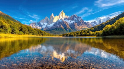 the tranquil lake reflects the grandeur of the towering mountains that surround it, creating a stunning contrast against the vivid blue sky above