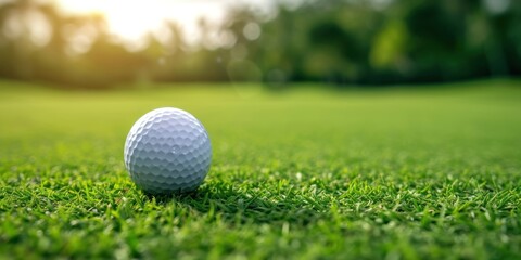 Obraz premium A golf ball on a grassy field with a blurred background of trees and sunlight.