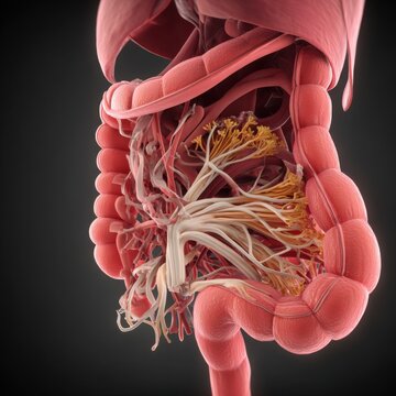Human colon anatomy close up view showing blood vessels and nerves in detailed medical illustration anatomical structure