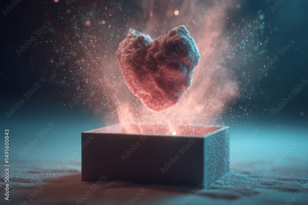 Aufkleber heart shaped object levitating above a box with glitter particles in a studio setting romantic conce
