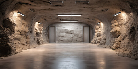 Naklejka premium Martian habitat hallway with smooth concrete floor, natural rock walls, and minimalist doors under bright ceiling lights in a sci-fi setting.