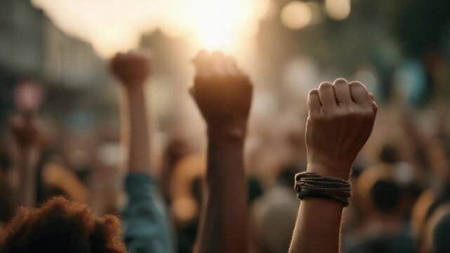 A group of people are holding up their hands in the air, possibly in protest