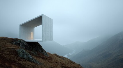 Solitude Modern Cube Home on Mountain Edge in Misty Landscape.