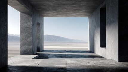 Concrete frame at desert with architectural minimalism, and scenic view.