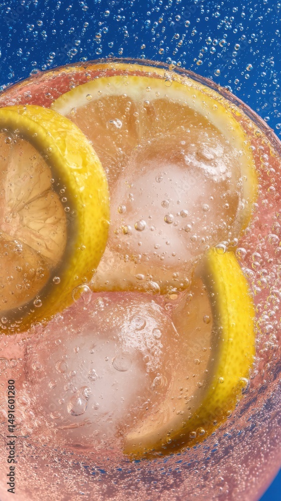 Poster refreshing close up of pink lemonade with lemon slices and ice cubes against a blue background with 