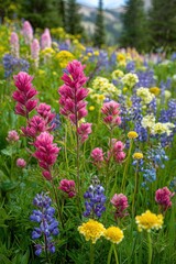 Wildflower Meadow Panorama in the Rockies featuring Indian Paintbrush Lupine and Yellow Daisies in a Lush Green Mountain Valley