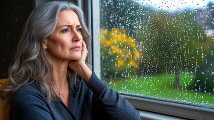 the woman sat by the rain streaked window, her eyes filled with sorrow as she stared out into the dreary gray sky, lost in her thoughts