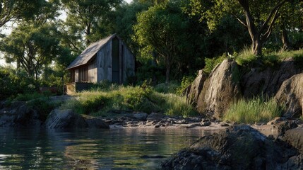 Obraz premium Lakeside Cabin Serenity Rustic Retreat in Lush Forest.
