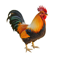 Fototapeta premium Vibrant colorful rooster standing with detailed feathers, proud posture, bright red comb and wattle, detailed natural plumage, isolated on white background