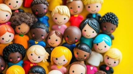 A colorful collection of small, diverse figurines arranged in a pile on a yellow background.