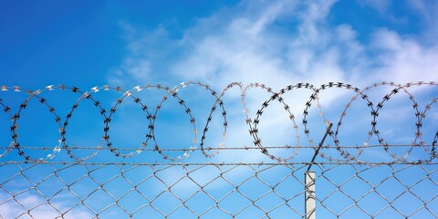 A metal fence with barbed wire against a blue sky with white clouds.