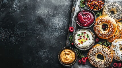 Delicious Bagels with Various Spreads and Berries