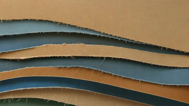 Abstract layers of textured paper in various colors and shapes.