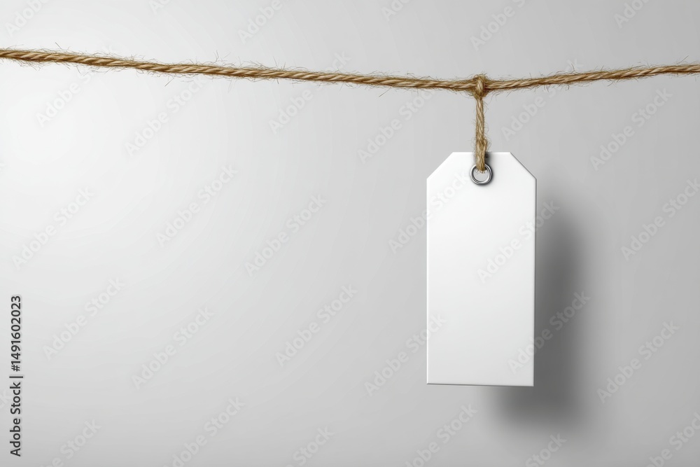 Poster blank white tag hanging from jute string against a neutral background studio shot minimal style prod