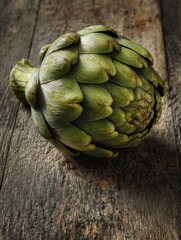 Fototapeta premium Fresh artichoke resting on rustic wooden surface close up food photography still life healthy eating ingredient
