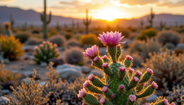 Blooming cactus stands tall desert landscape, adorned with vibrant pink flowers as sun sets background, casting warm glow over arid terrain. scene evokes sense of tranquility and beauty nature