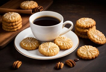There's a cup of coffee and cookies on the plate