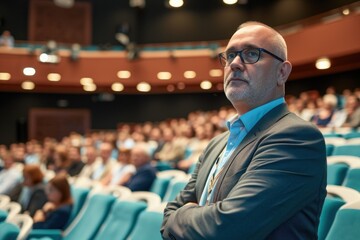 Fototapeta premium A man in a suit and tie sitting in a conference room with a crowd of people in the background.