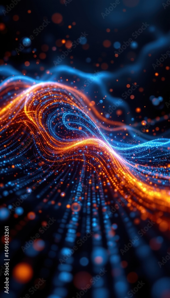 Poster abstract waves of glowing orange and blue particles flow dynamically in a futuristic digital landsca