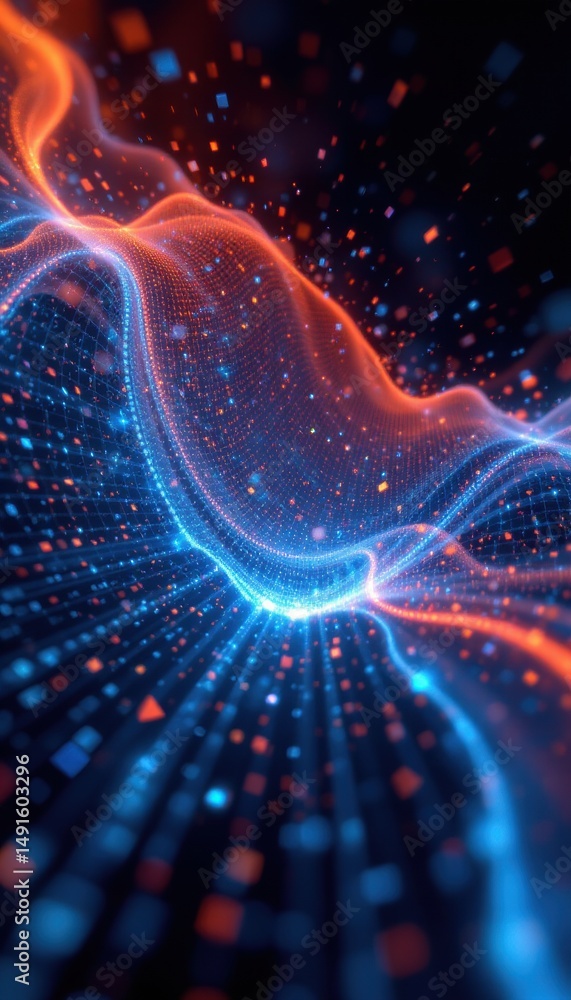 Poster abstract digital wave with glowing blue and orange particles, creating a futuristic, high-tech visua