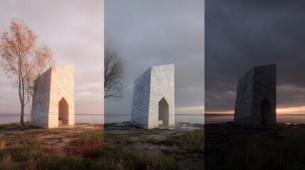 Monumental Arch Through Time  Marble Structure in Changing Light.