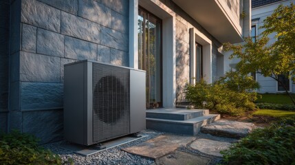 Modern Heat Pump Exterior Installation at Luxury Home Energy Efficiency and Sustainable Living Concept
