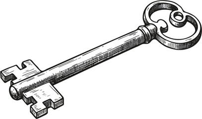 Detailed Sketch of an Antique Skeleton Key with Intricate Hatching - Line Art Vector