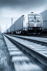 Obraz premium Cargo train speeding along tracks in motion blur perspective industrial transport freight locomotive delivery
