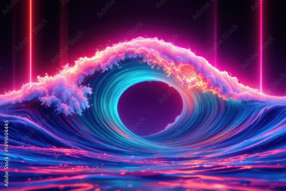 Poster vivid neon waves curl under glowing lights, creating a mesmerizing, futuristic ocean scene with stri