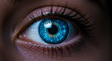 Cybernetic Gaze: Close-up of a Blue Eye with Digital Circuitry Overlay