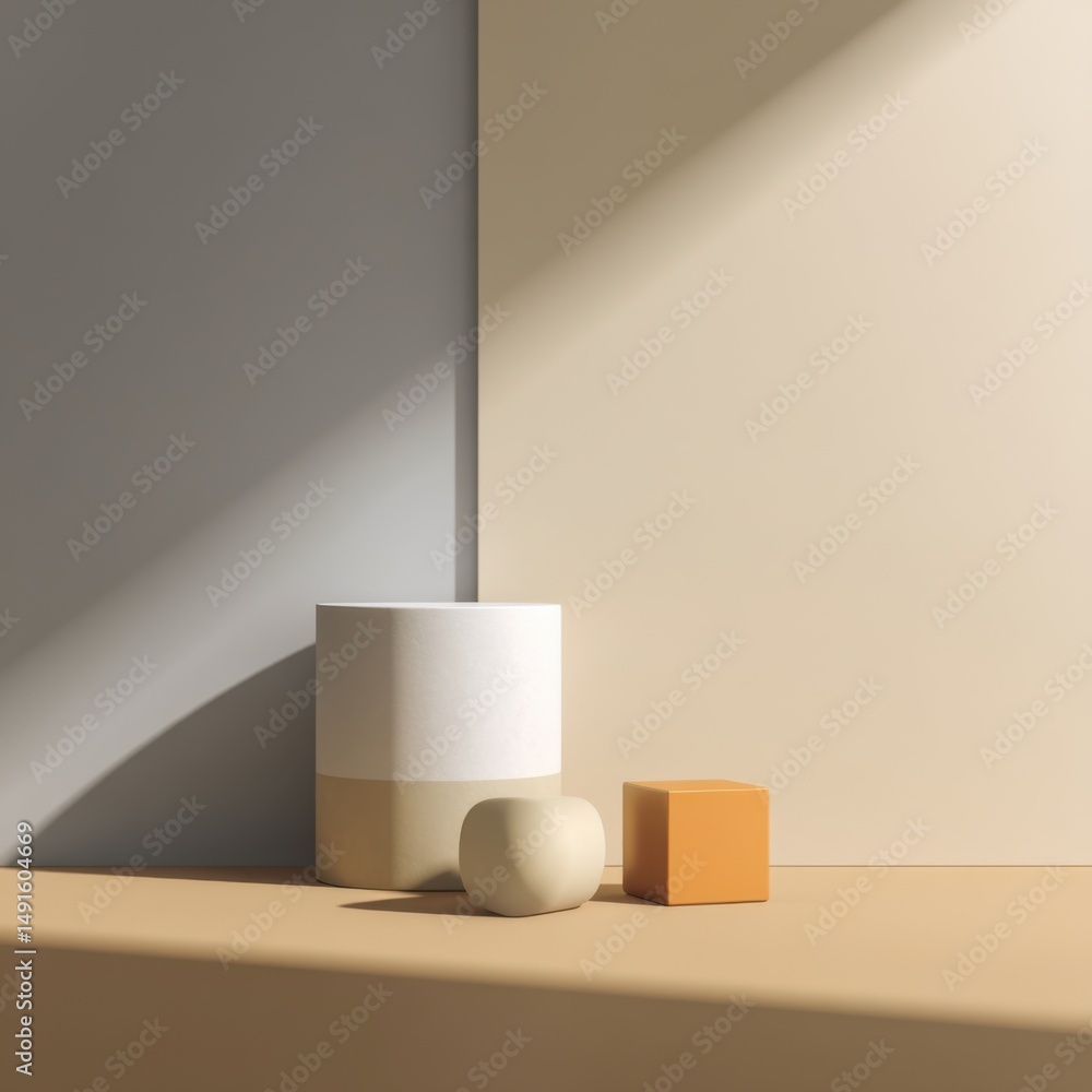 Poster minimalist still life composition featuring cylinder sphere and cube against geometric background wi