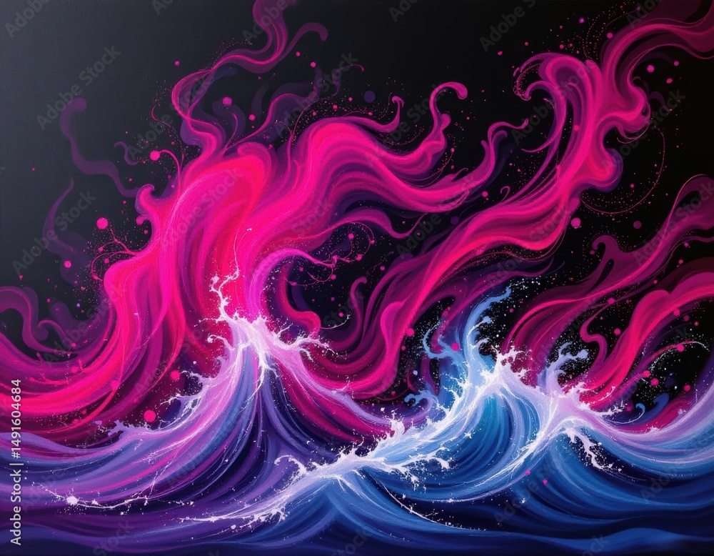Poster vibrant abstract waves in blue and pink swirl energetically against a dark background, creating a dy