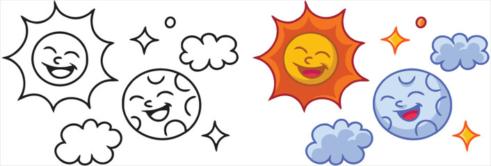 illustration cartoon set vector sun and moon star of elements sky