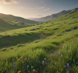 Rolling hills of emerald grass, wildflowers scattered,  panoramic,  vibrant