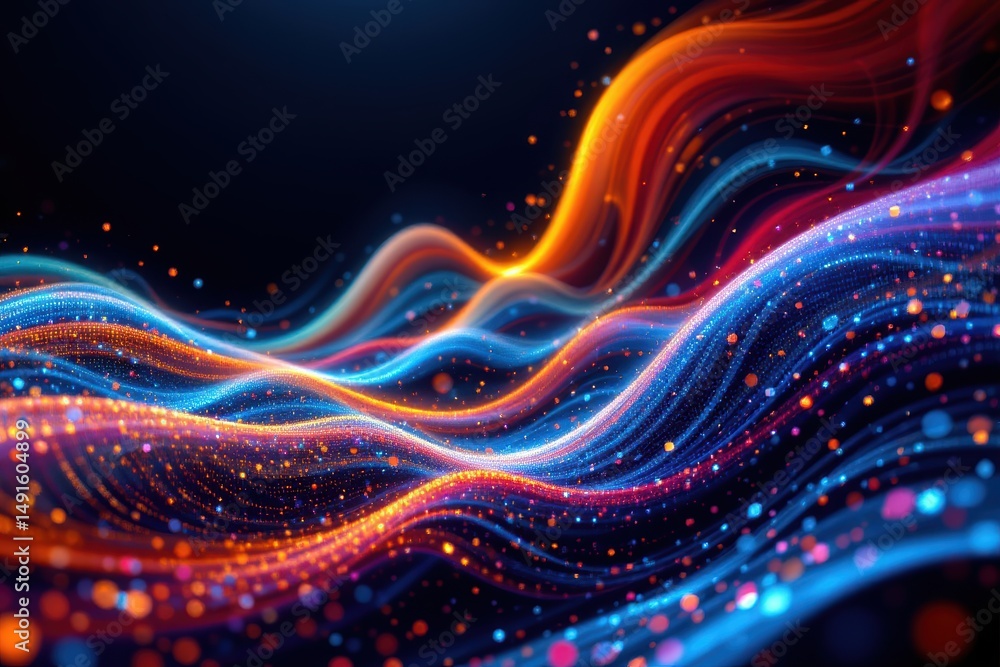 Poster vibrant neon waves of blue and orange light flow dynamically, creating an abstract, futuristic digit