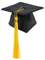 Graduation cap still life against white background studio shot of mortarboard with yellow tassel for academic achievement