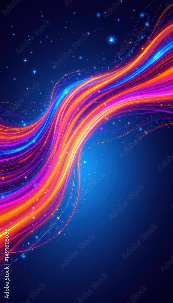 Poster vibrant neon light trails curve across a deep blue background with sparkling stars, creating a dynam