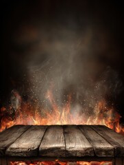 Rustic wooden table top with blazing fire background studio shot for product placement or promotional display
