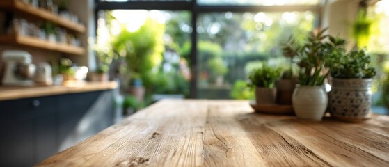 Rustic Wood Tabletop in Bright Kitchen with Garden View Close Up Eye Level Shot for Backgrounds and Product Mockups