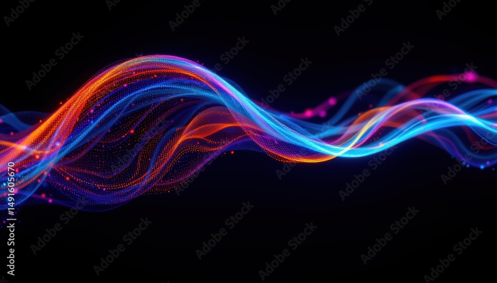 Poster vibrant, colorful light waves flow across a dark background, creating a dynamic and abstract digital