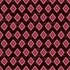 Seamless Diamond Geometric Pattern – Pink and Red Abstract Tribal Textile Design, Abstract Tribal Diamond Pattern – Repeating Textile Design in Warm Tones, Modern Ethnic Fabric Design

