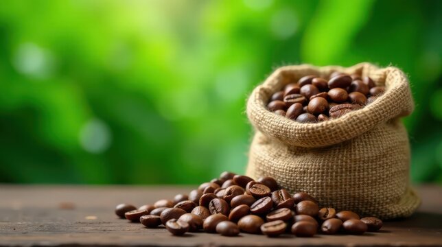 A burlap sack overflowing with aromatic roasted coffee beans spills onto a rustic wooden surface against a vibrant green backdrop