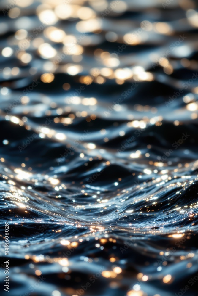 Poster close-up of shimmering water waves reflecting sunlight, creating a sparkling and serene abstract pat