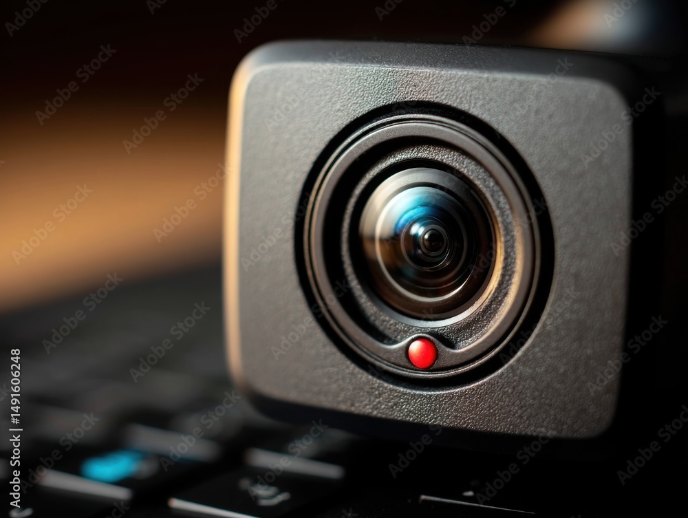 Poster close up of a webcam on a keyboard showing the lens and a red light indicator in a studio setting