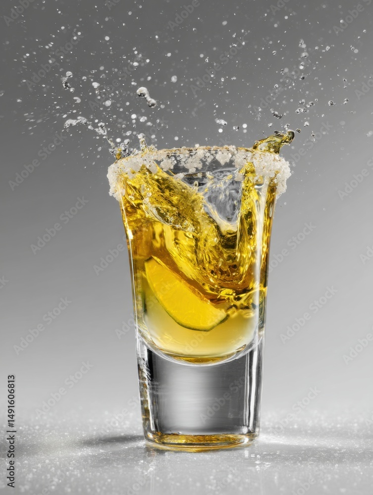 Poster tequila shot with lime splashing in studio shot with grey background and sugar rim close up view