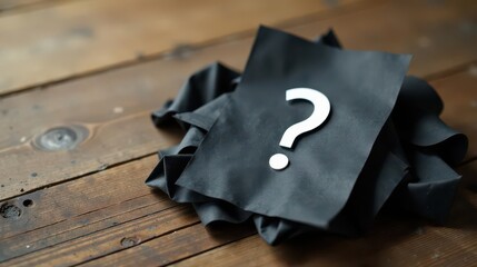 A crumpled dark textile piece rests on a wooden surface, featuring a prominent question mark, symbolizing uncertainty and the unknown.