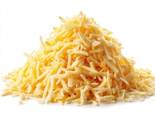 Fototapeta premium Heap of Shredded Cheddar Cheese on White Background Studio Shot Close Up Food Photography
